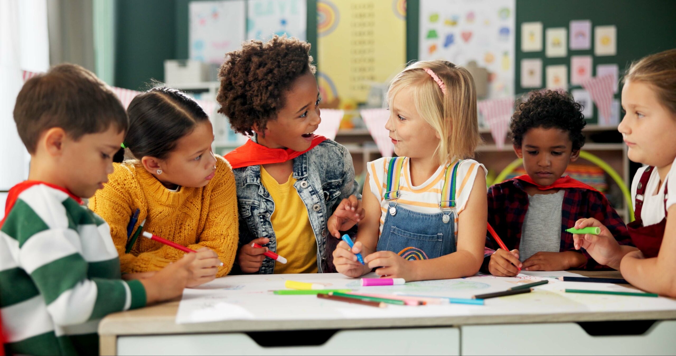 Happy,Children,,Drawing,And,Coloring,With,Classmates,In,Kindergarten,For